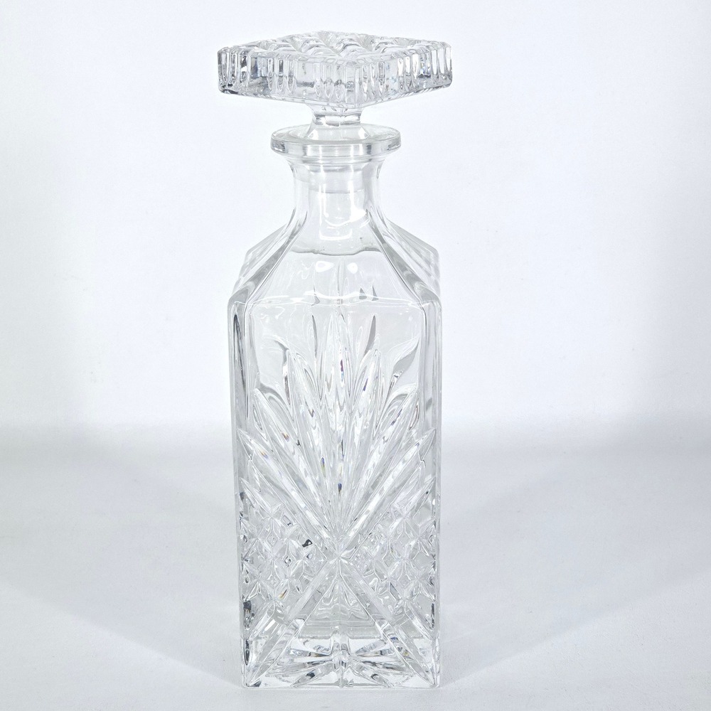 Cut Crystal Glass Whiskey Decanter Square Stopper 9.5" Heavy‎ Vintage Barware